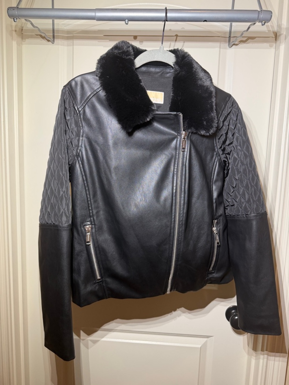 Michael Kors Black Leather Moto Jacket with Faux Fur Collar